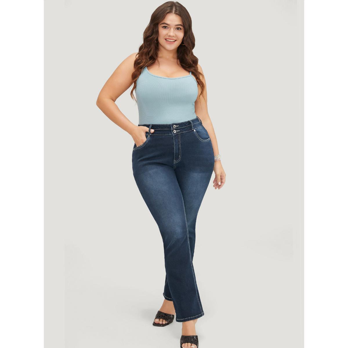 Plus Size Very Stretchy High Rise Dark Wash Contrast Stitching Jeans Women DarkBlue Casual Plain High stretch Pocket Jeans BloomChic 10/M Product Image