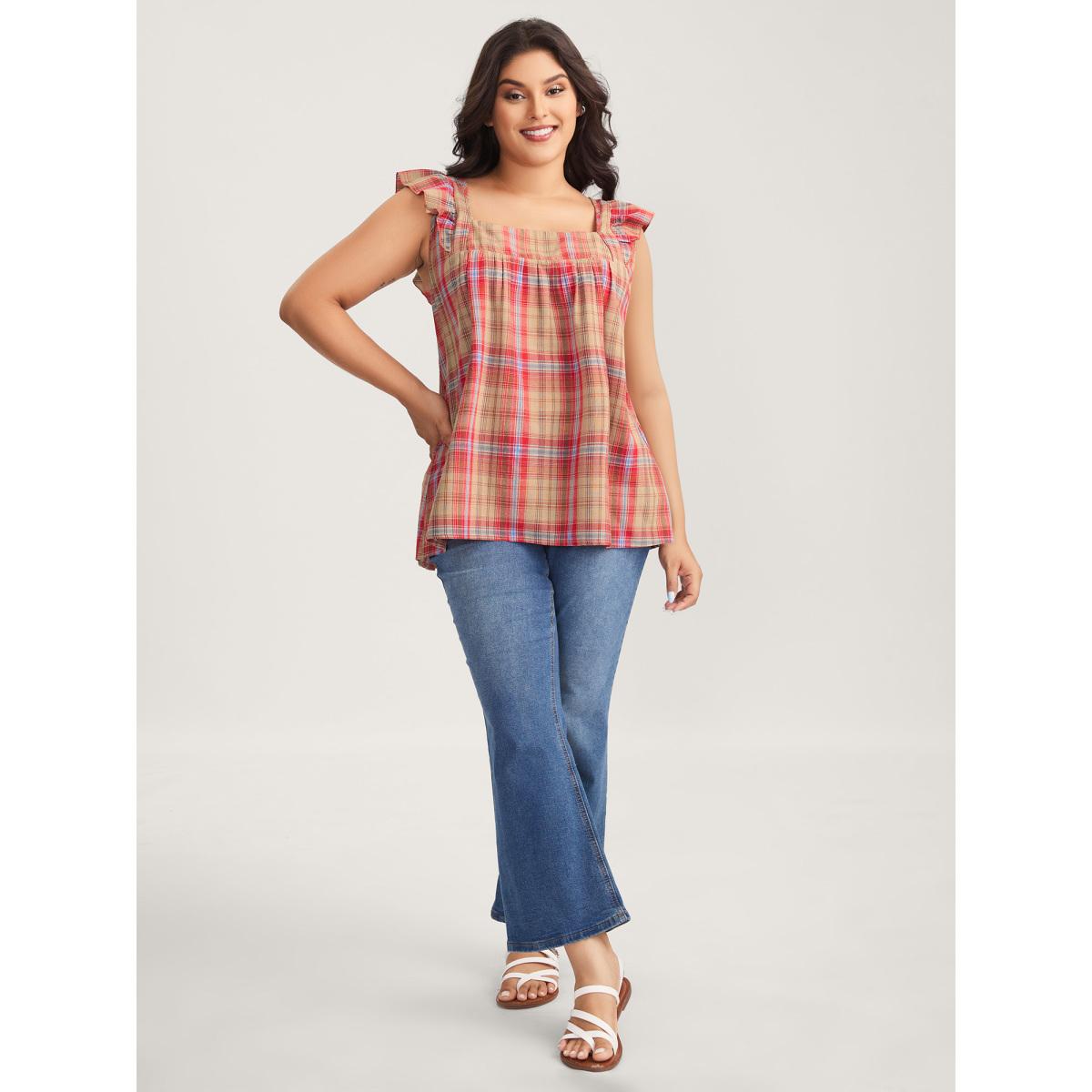 Plus Size Raspberry Plaid Print Flutter Sleeve Pleated Blouse Women Leisure Cap Sleeve Square Neck Casual Blouses BloomChic 28/5X Product Image