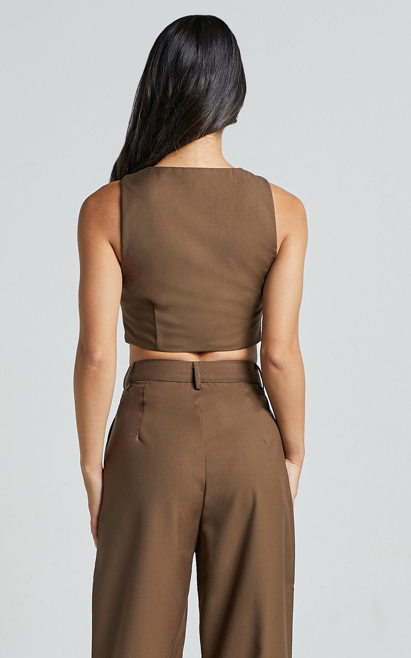 Izara Vest - V Neck Button Up Cropped Vest in Oak Product Image