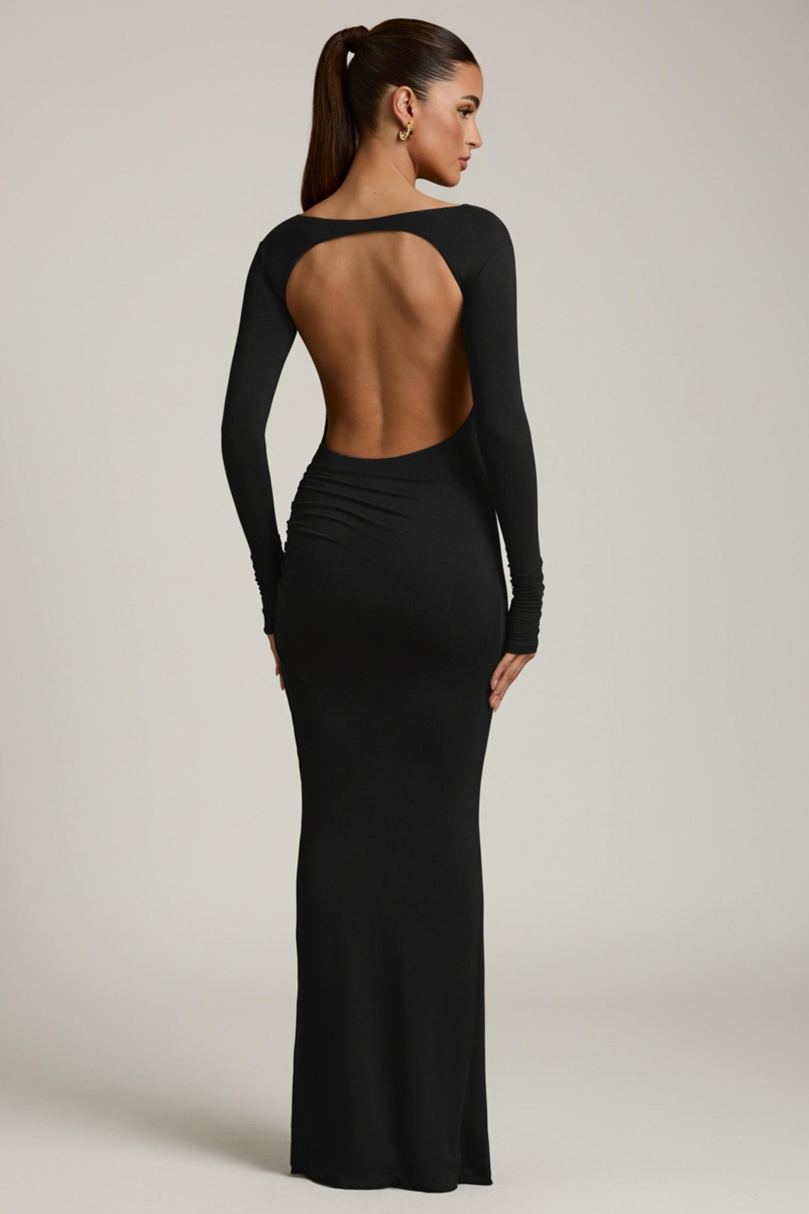 Modal Ruched Backless Maxi Dress in Black Product Image