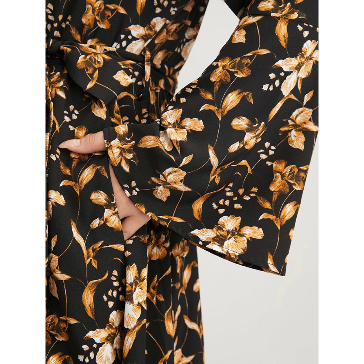 Plus Size Floral Pocket Bell Sleeve Belted Split Flutter Dress Black Women Elegant Pocket V-neck Long Sleeve Curvy Midi Dress BloomChic 14-16/1X Product Image