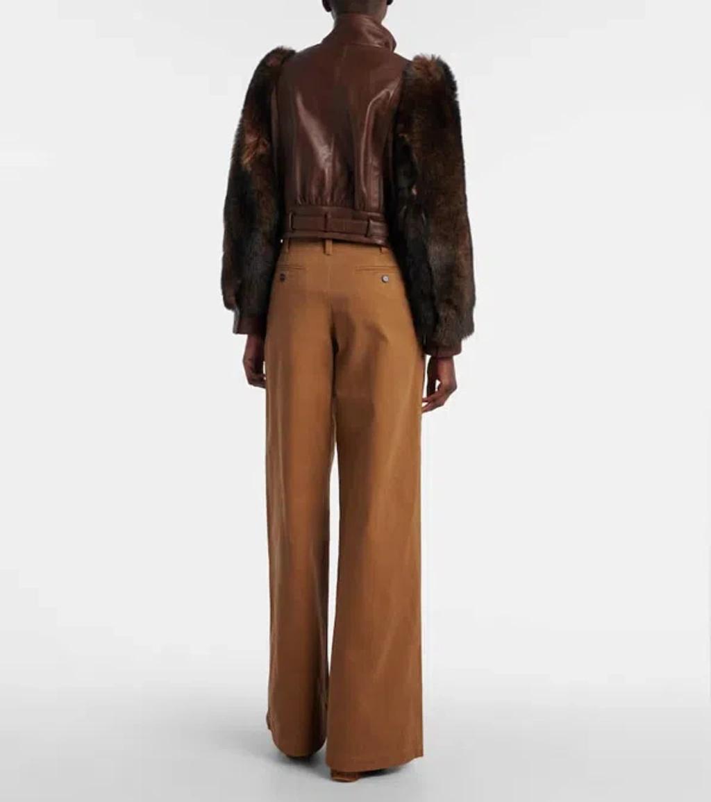 CHLOÉ Leather Jacket With Belted Waist And Fur Sleeves In Brown Product Image