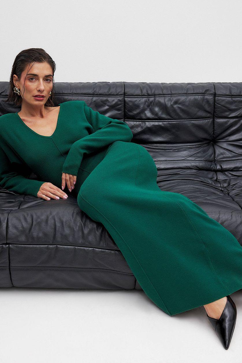 Knitted V-Neck Maxi Dress Green Product Image
