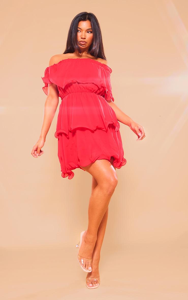 Red Chiffon Bardot Ruffle Tiered Dress Product Image