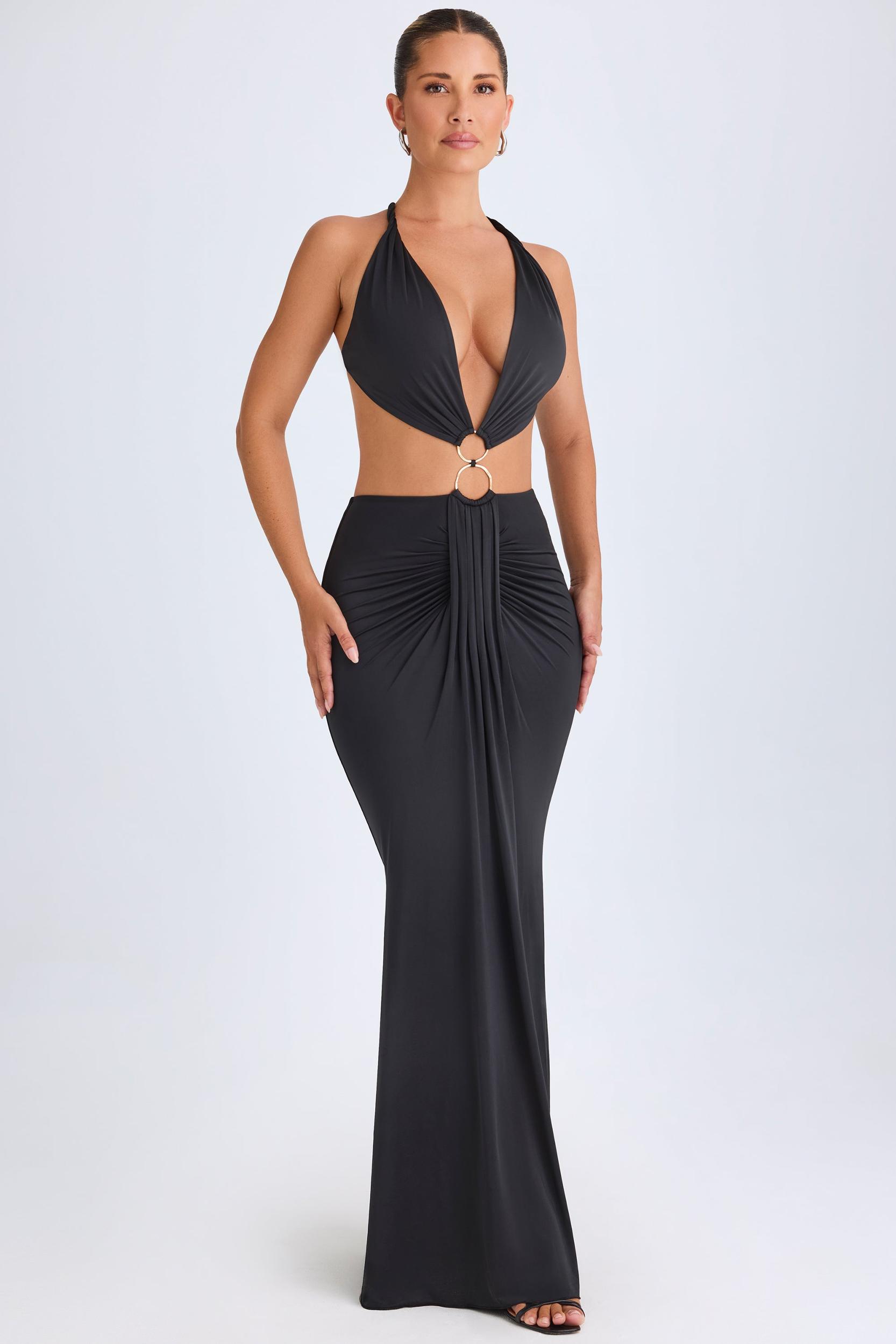 Hardware Detail Cut-Out Halterneck Maxi Dress in Black Product Image