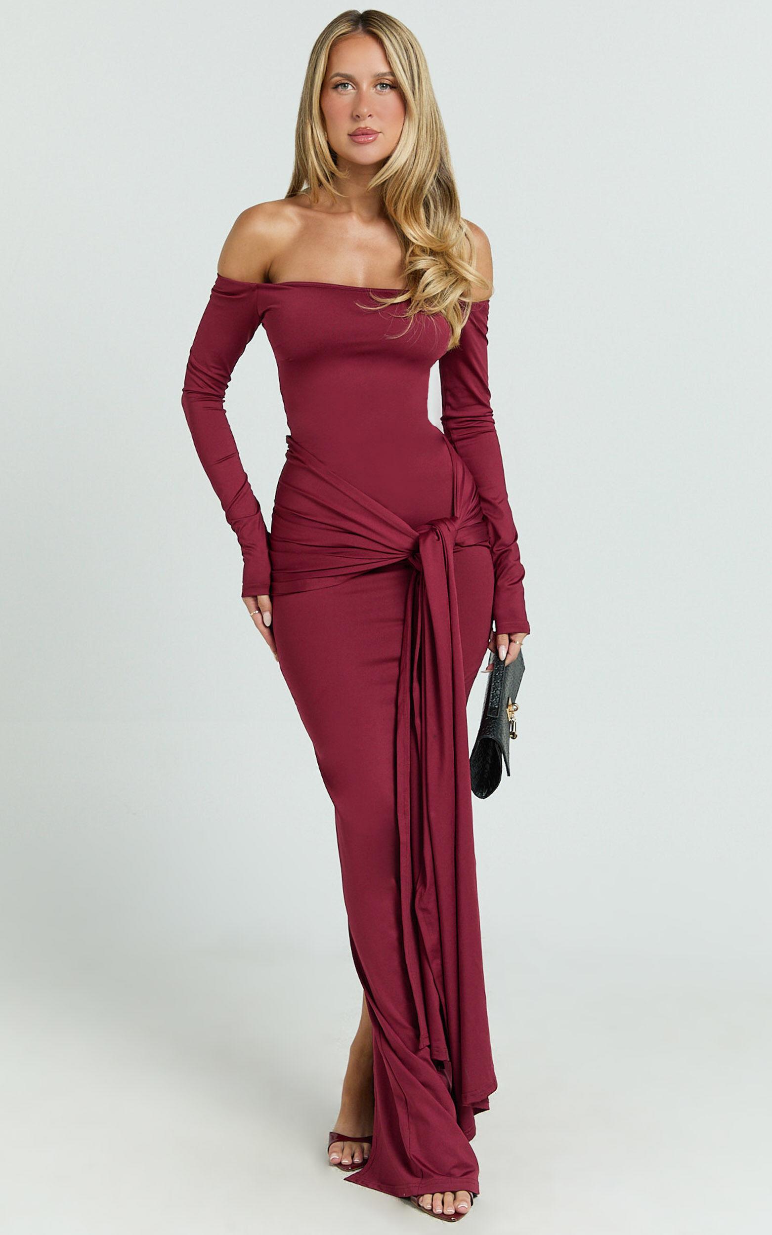 Judith Maxi Dress - Boat Neck Backless Tie Front Long Sleeve Jersey Dress in Wine Product Image