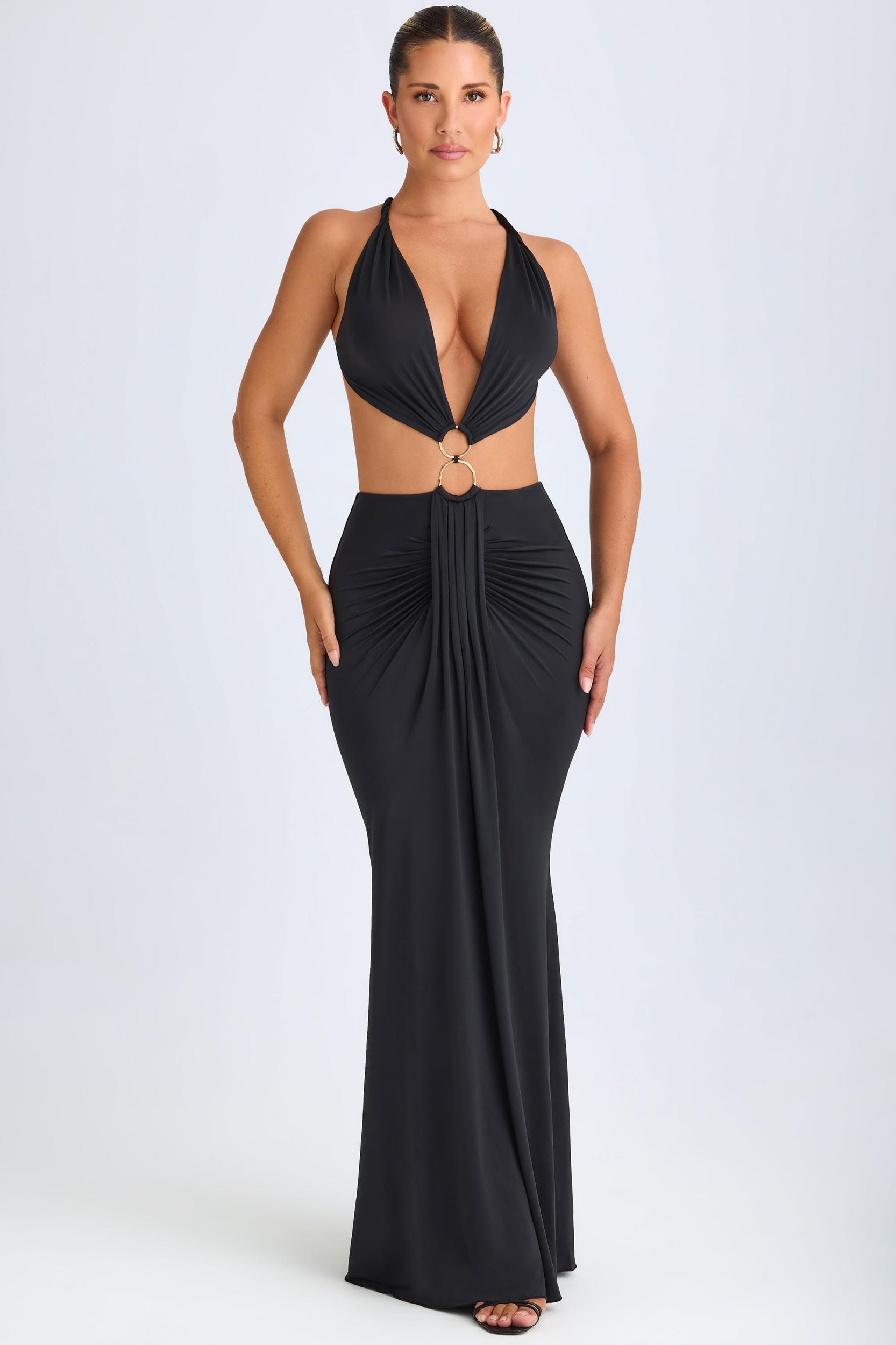 Hardware Detail Cut-Out Halterneck Maxi Dress in Black Product Image
