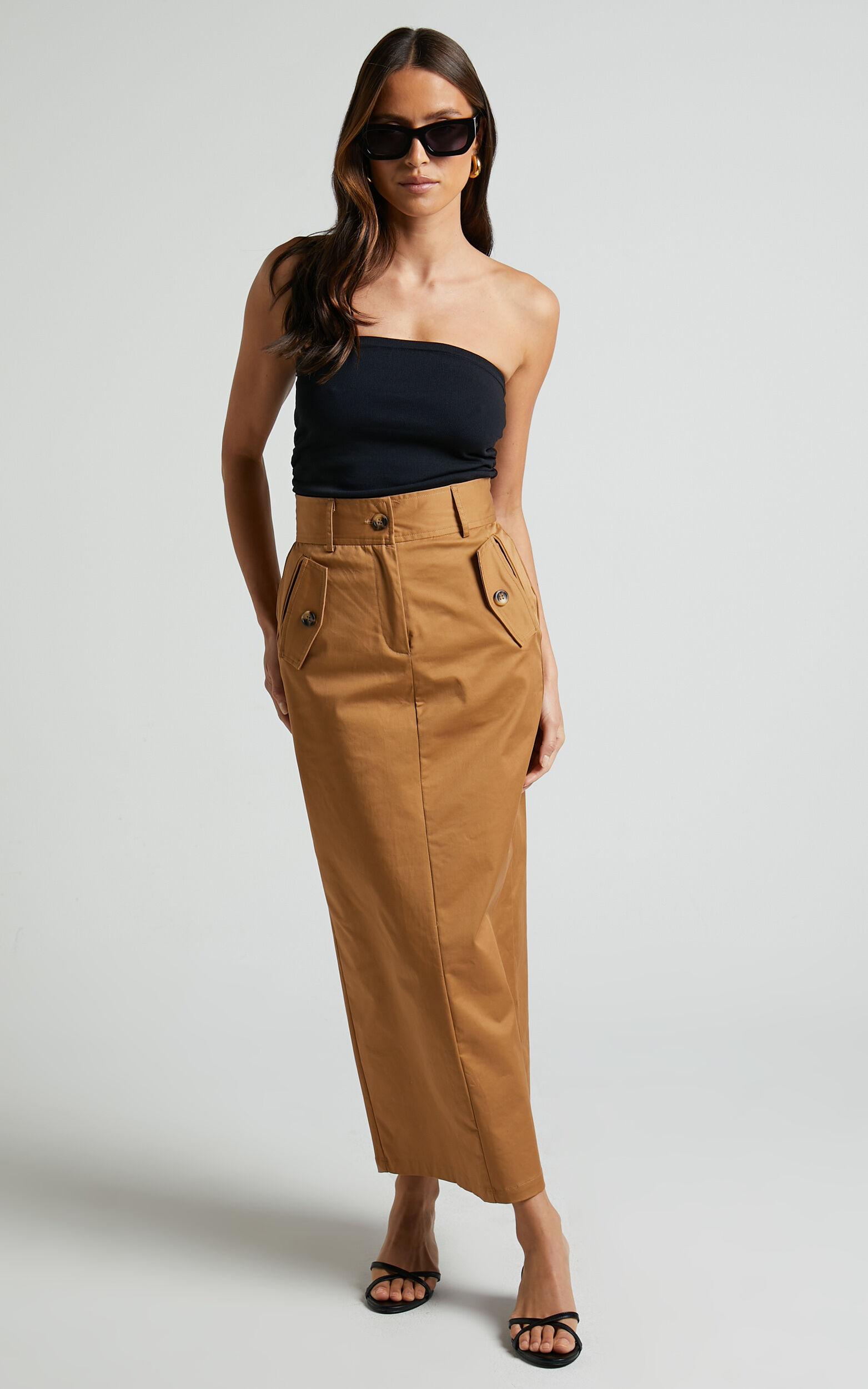 Anna Midi Skirt - High Waisted Cargo in Camel Product Image