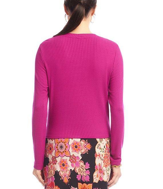 Karen Kane Ribbed Knit Crew Long Sleeved Drape Front Crossover Top Product Image