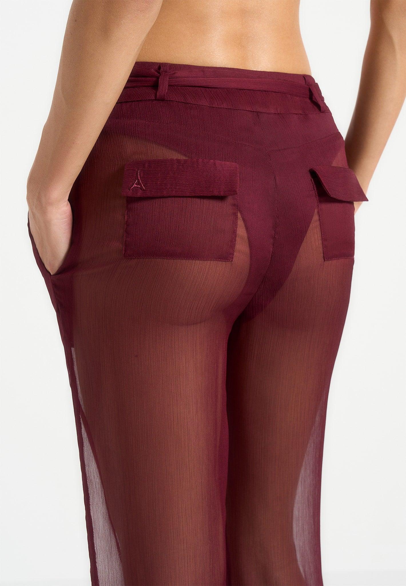 Sheer Belted Trousers - Wine Red Female Product Image