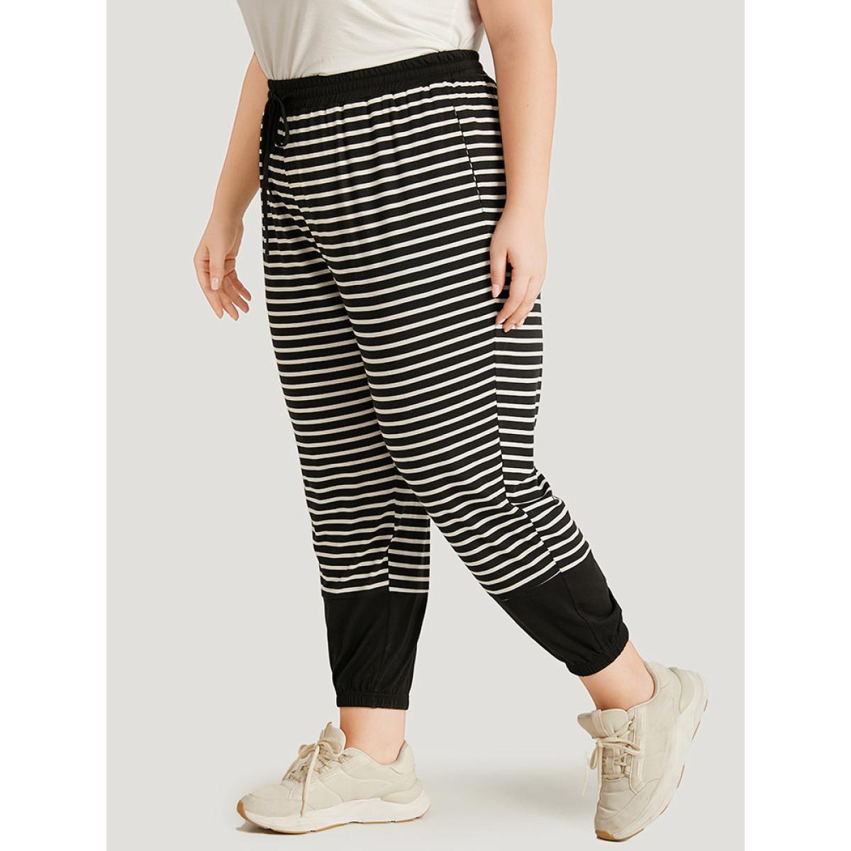 Striped Patchwork Elastic Waist Pocket Ties Sweatpants Black Plus Size Women Casual Dailywear Patchwork 30/6X Bloomchic Product Image