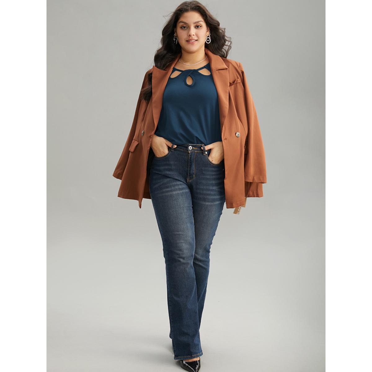 Plus Size Solid Keyhole Cut Out T-shirt Indigo Women Timeless Plain Plain Elegant T-shirts BloomChic 18-20/2X Product Image