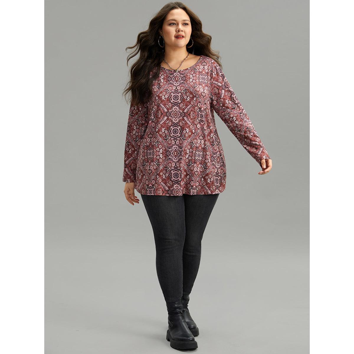 Plus Size Bandana Print Round Neck T-shirt Multicolor Women Casual Printed Bohemian Print Round Neck Dailywear T-shirts BloomChic 18-20/2X Product Image