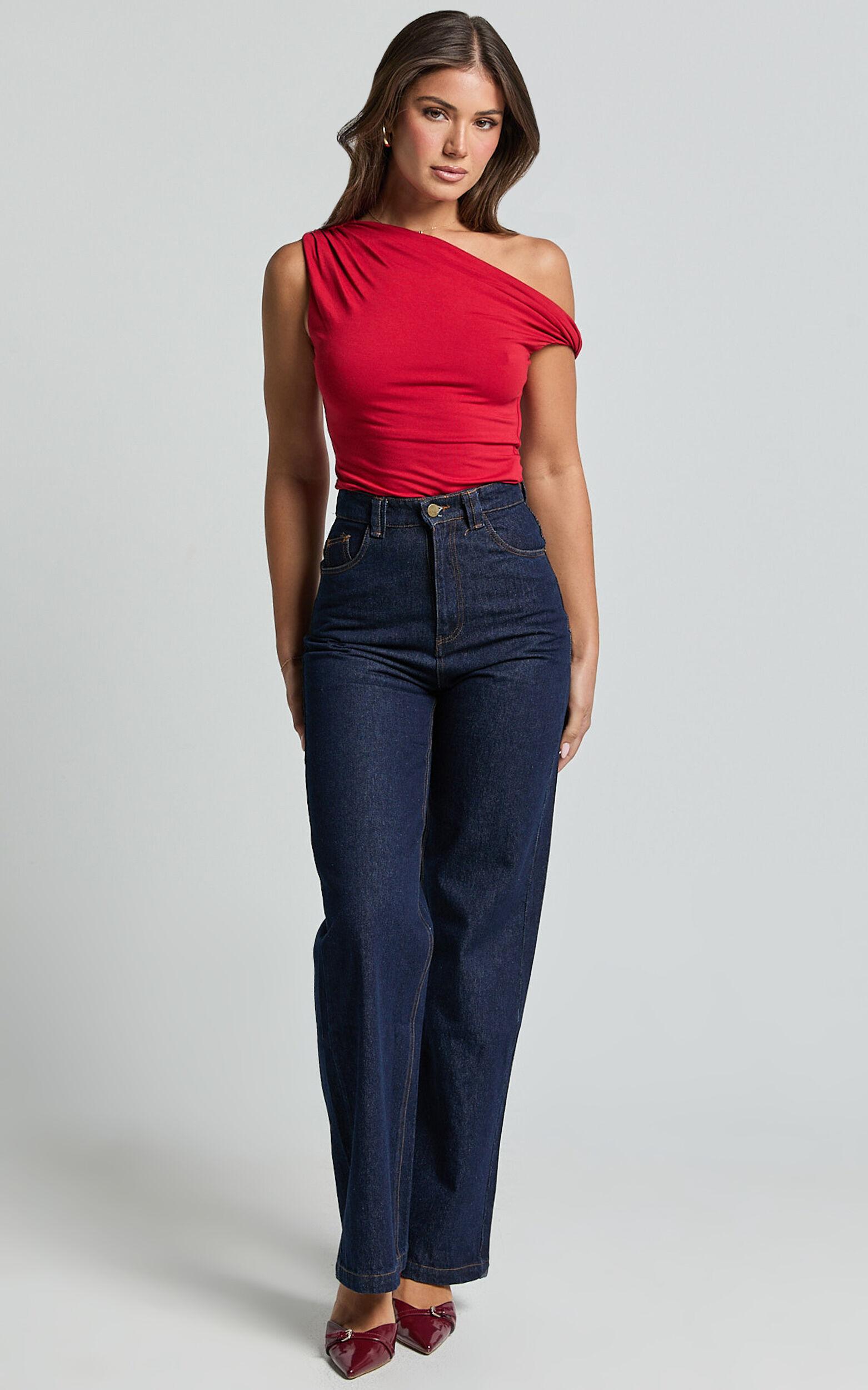 Jialeen Top - Off Shoulder Twist Asymmetrical Sleeve Top in Red Product Image