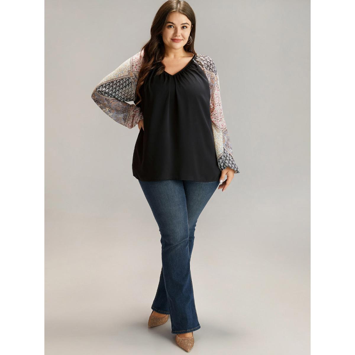 Plus Size Black Bandana Patchwork Twill Contrast Lantern Sleeve Blouse Women Elegant Long Sleeve V-neck Dailywear Blouses BloomChic 28/5X Product Image