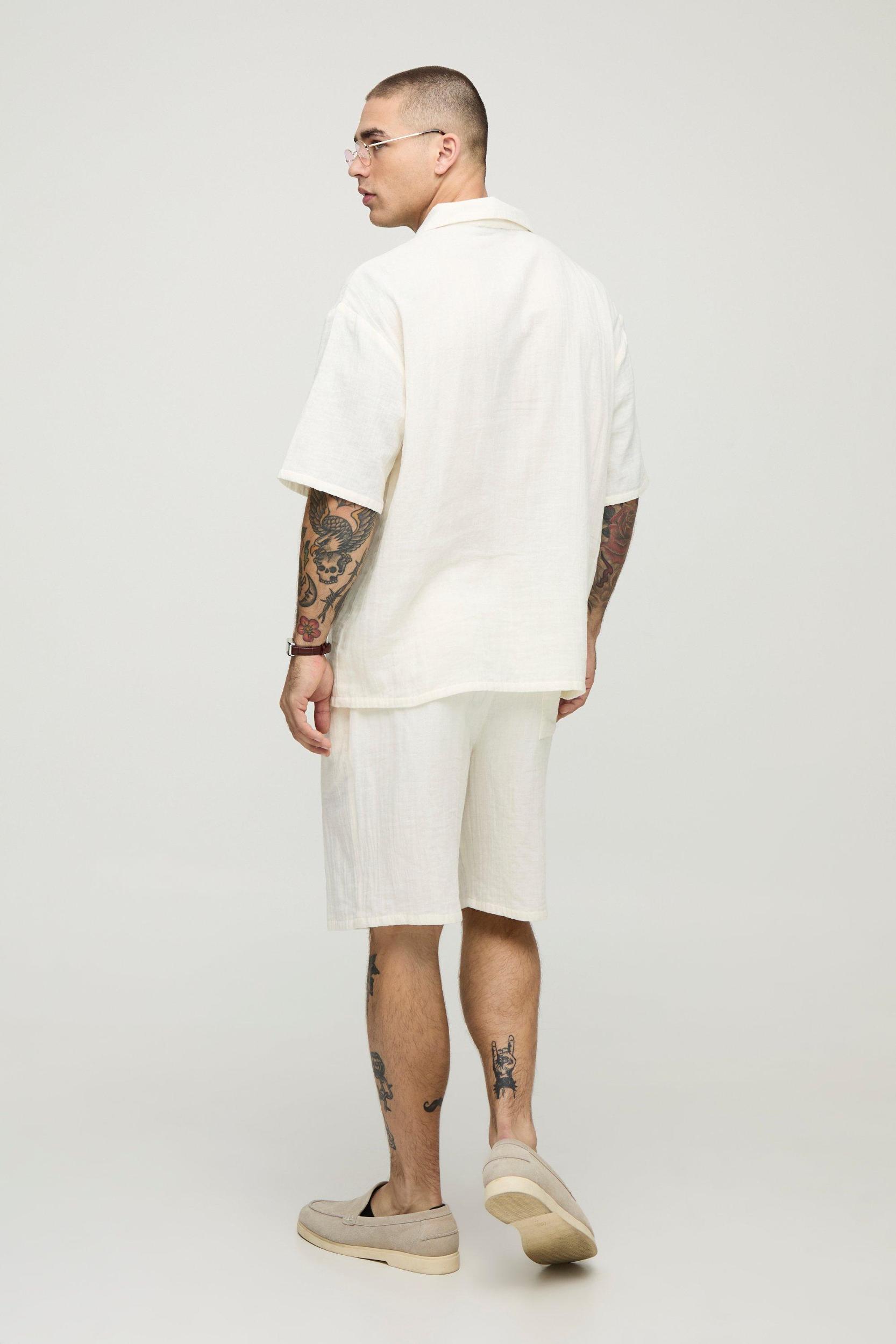 Oversized Cheesecloth Revere Shirt & Relaxed Short Set | boohooMAN USA Product Image