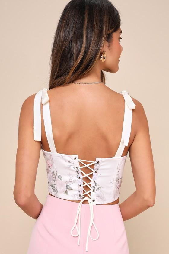 Attractive Darling Cream Floral Tie-Strap Lace-Up Bustier Top Product Image