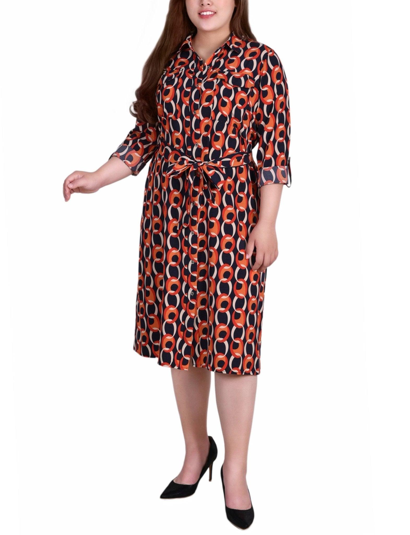 Black Red Circle Chain 3/4 Roll Tab Sleeve Belted Shirtdress - Plus Product Image