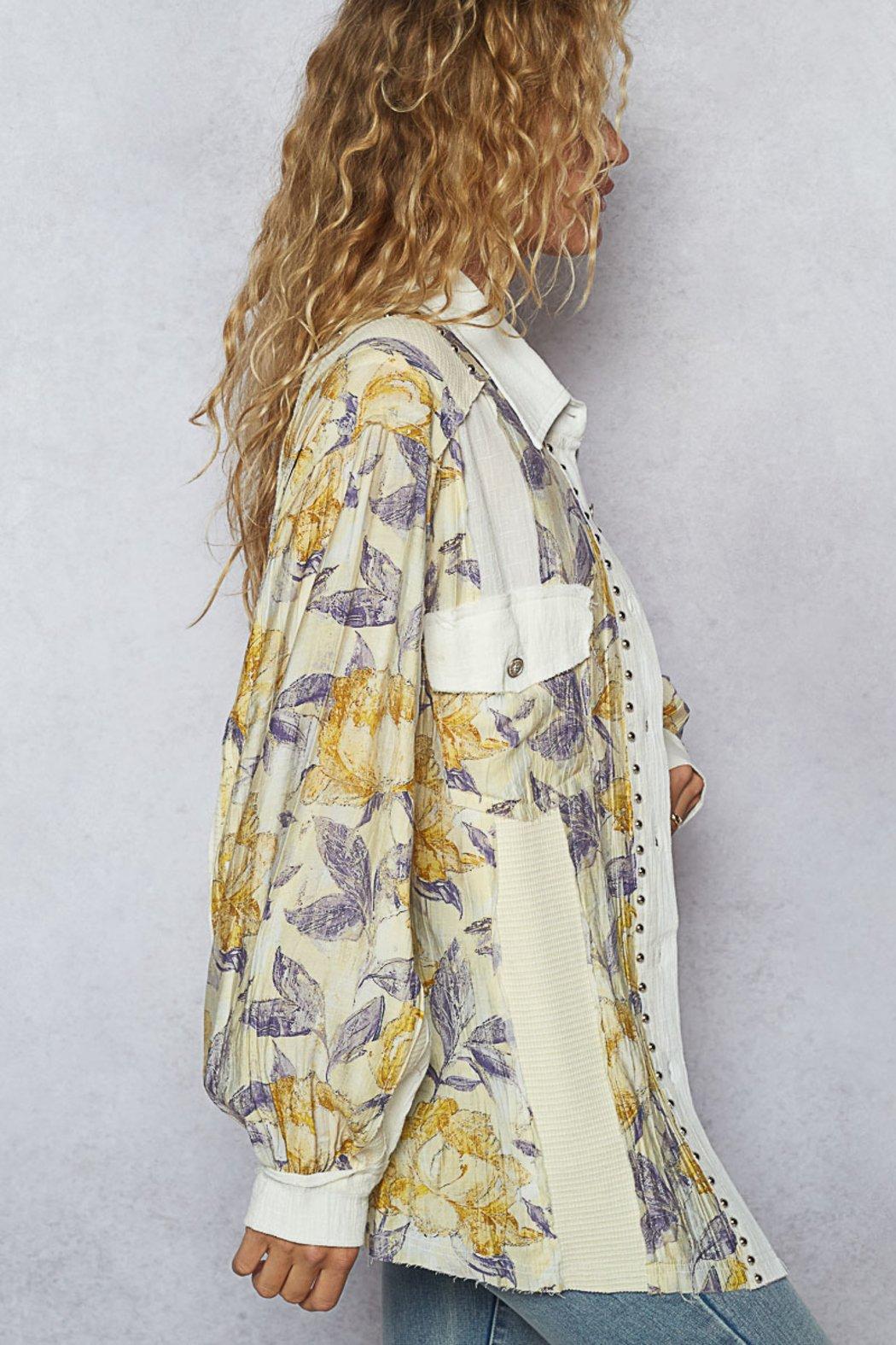 Balloon Sleeve Stud Detail Floral Printed Shirt Product Image