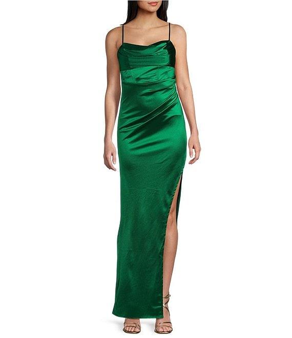 Honey and Rosie Emma Bodice Side Slit Satin Long Dress Product Image