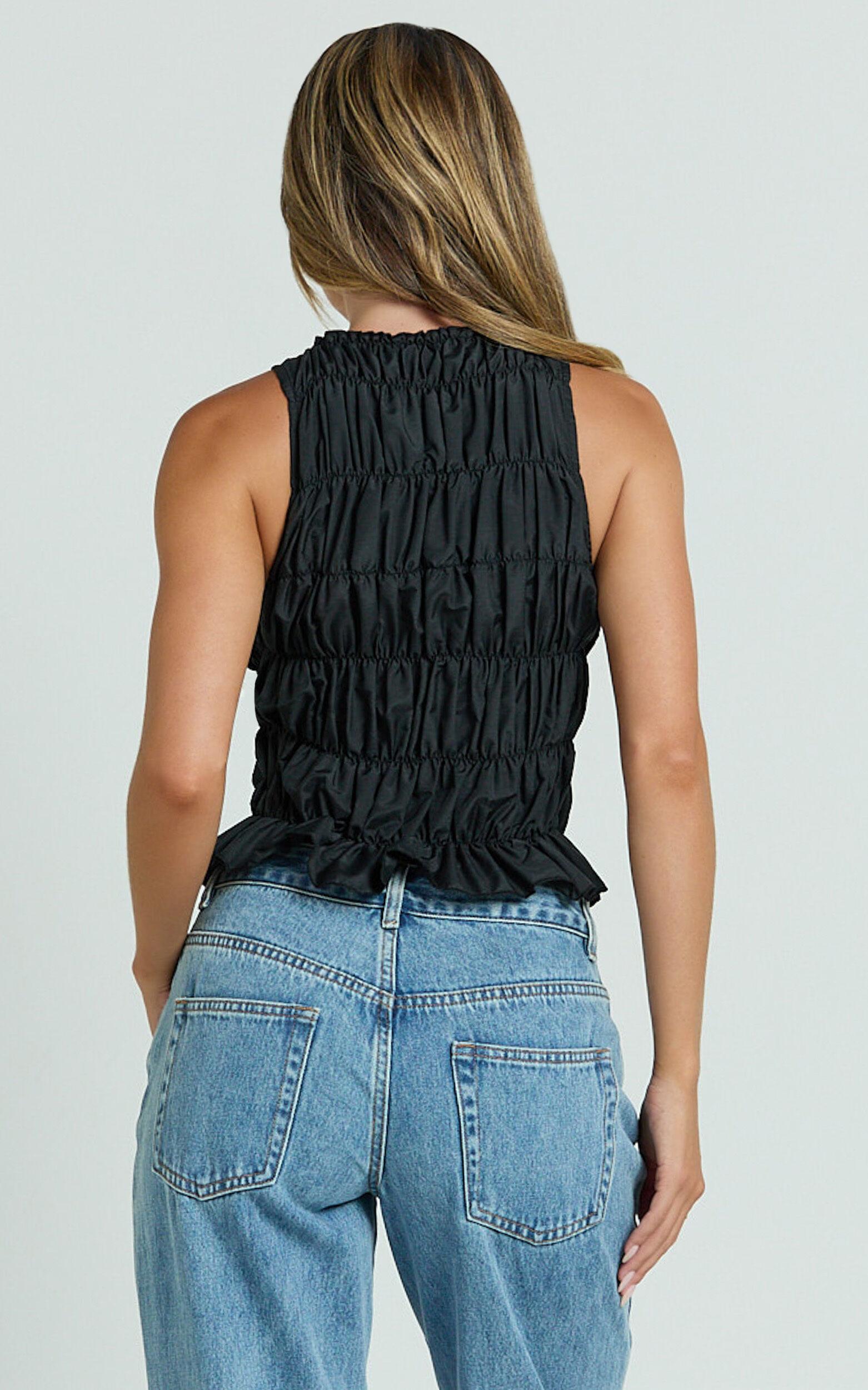 Aphrodite Top - Boat Neck Sleeveless Ruched Detail Top in Black Product Image