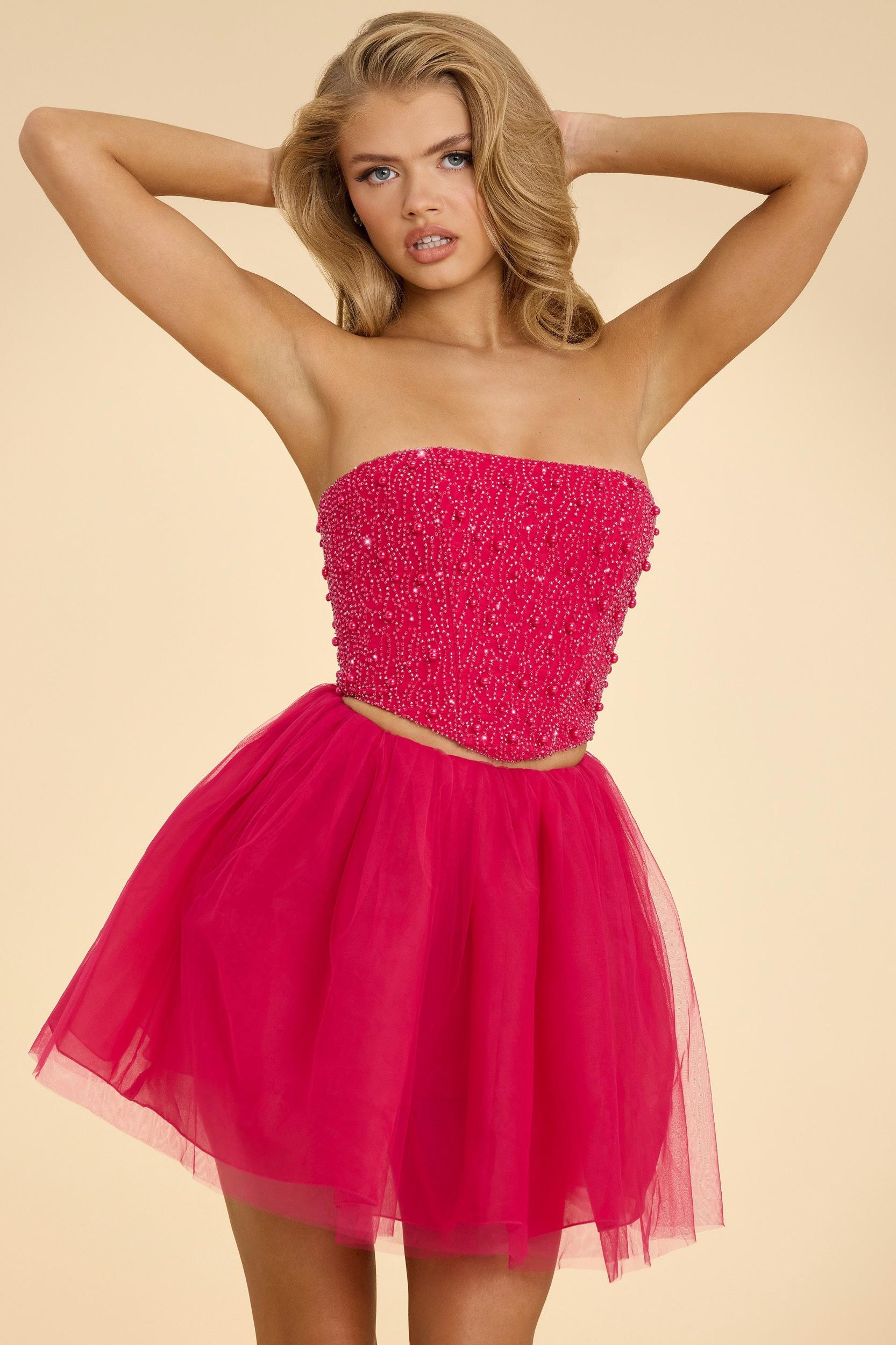 High Waist Tulle Mini Skirt in Hot Pink Product Image
