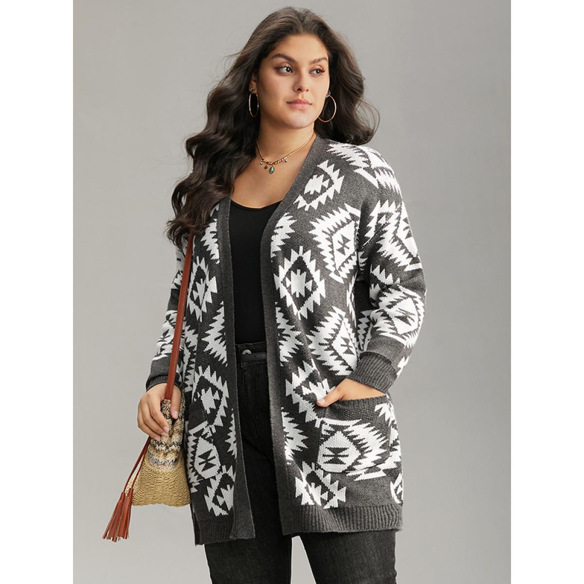 Plus Size Bandana Print Elastic Cuffs Patched Pocket Cardigan DimGray Women Casual Loose Long Sleeve Dailywear Cardigans BloomChic 12/L Product Image