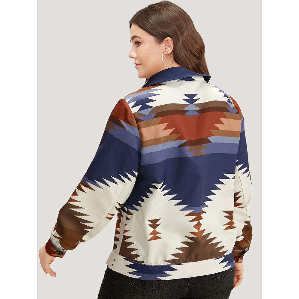 Plus Size Bandana Geometric Contrast Shirt Collar Shacket Women DarkBlue Contrast Dailywear Jackets BloomChic 18-20/2X Product Image