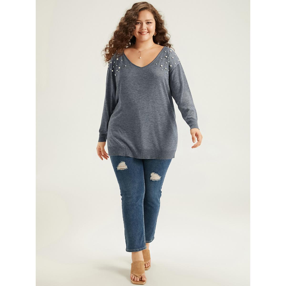 Plus Size Supersoft Essentials Heather Pearl Beaded V Neck Pullover SlateGray Women Casual Loose Long Sleeve V-neck Dailywear Pullovers BloomChic 22-24/3X Product Image