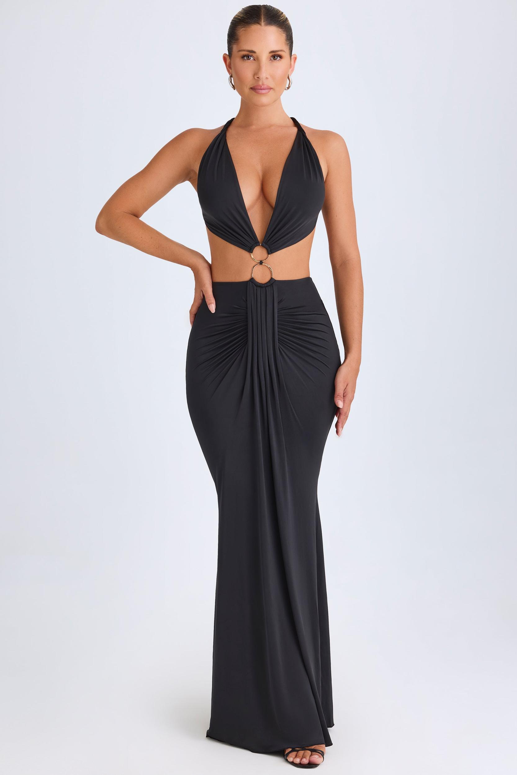 Hardware Detail Cut-Out Halterneck Maxi Dress in Black Product Image
