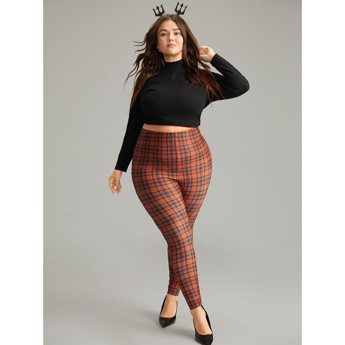 Plus Size Plaid Skinny Elastic Waist Leggings Women Chocolate Elegant High stretch Skinny High Rise Dailywear Leggings BloomChic 30/6X Product Image