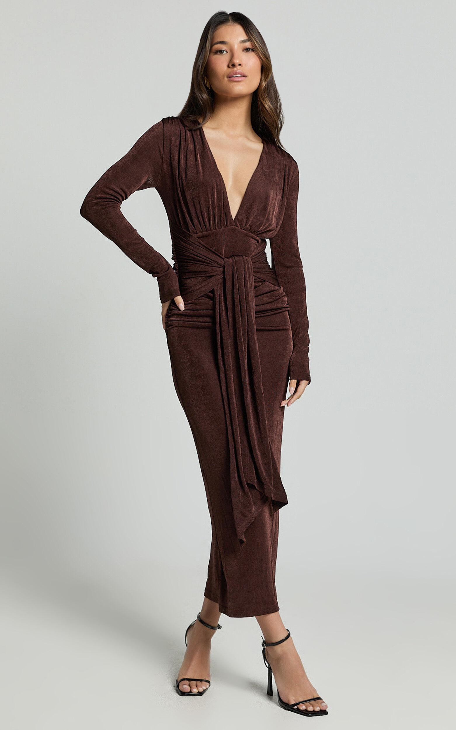 Melanie Midi Dress - Plunge Long Sleeve Tie Front Dress in Chocolate Product Image