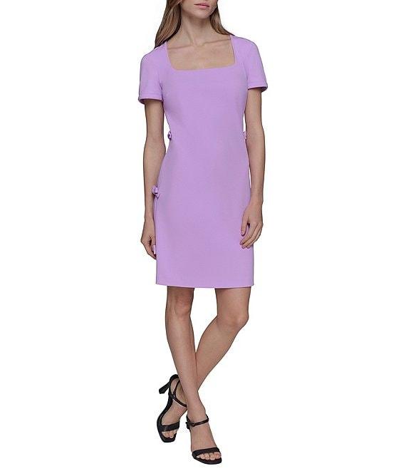 KARL LAGERFELD PARIS Scuba Crepe Square Neck Short Sleeve Bow Sheath Mini Dress Product Image