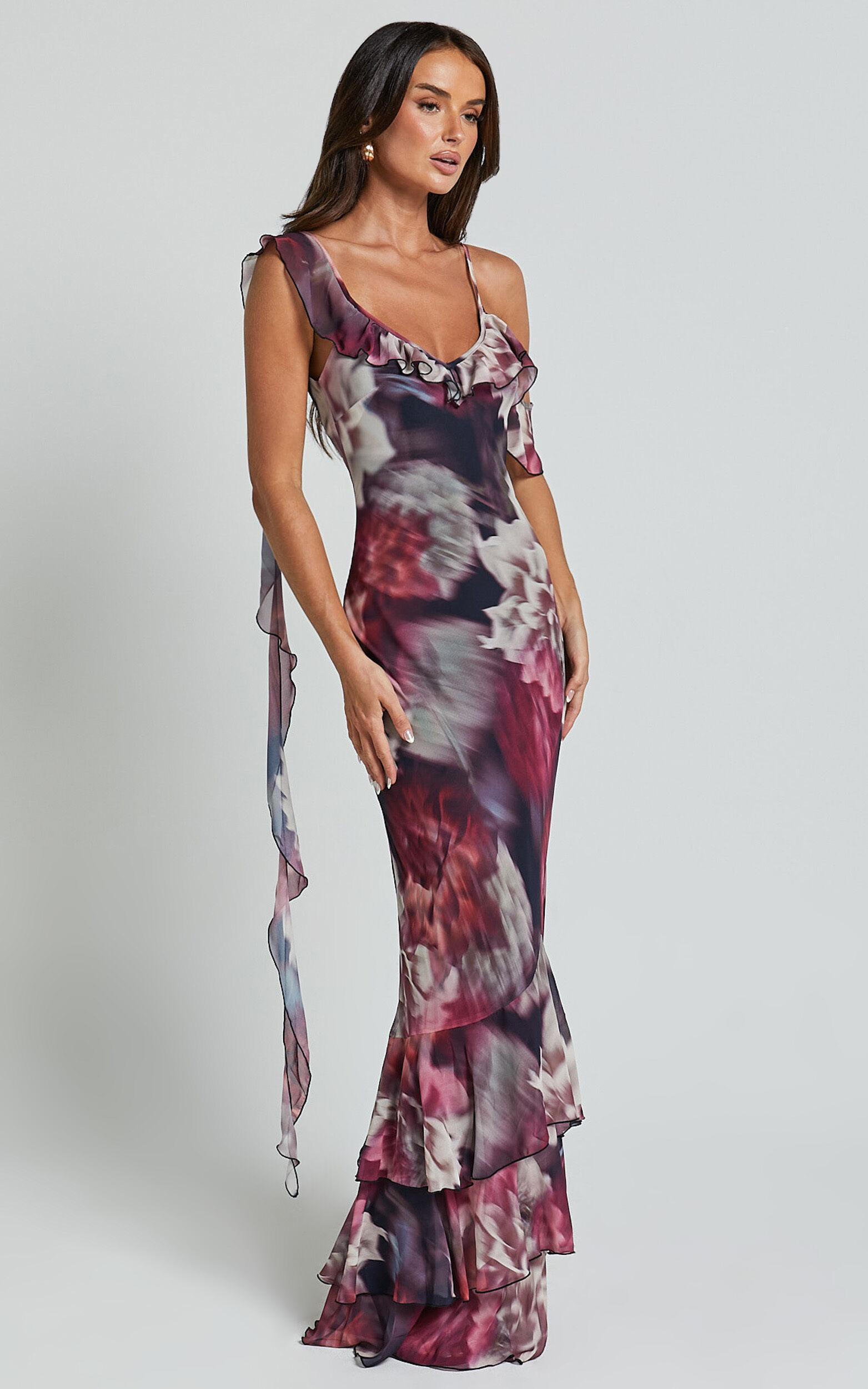 Riley Maxi Dress - Asymmetric Ruffle Detail Maxi Dress in Mariache Rose Product Image