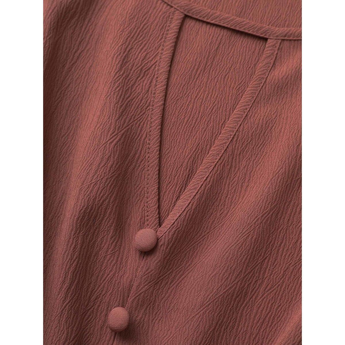 Plus Size Anti-Wrinkle Keyhole Button Detail Belted Dress Maroon Women At the Office Belted Round Neck Short sleeve Curvy Midi Dress BloomChic 30/6X Product Image
