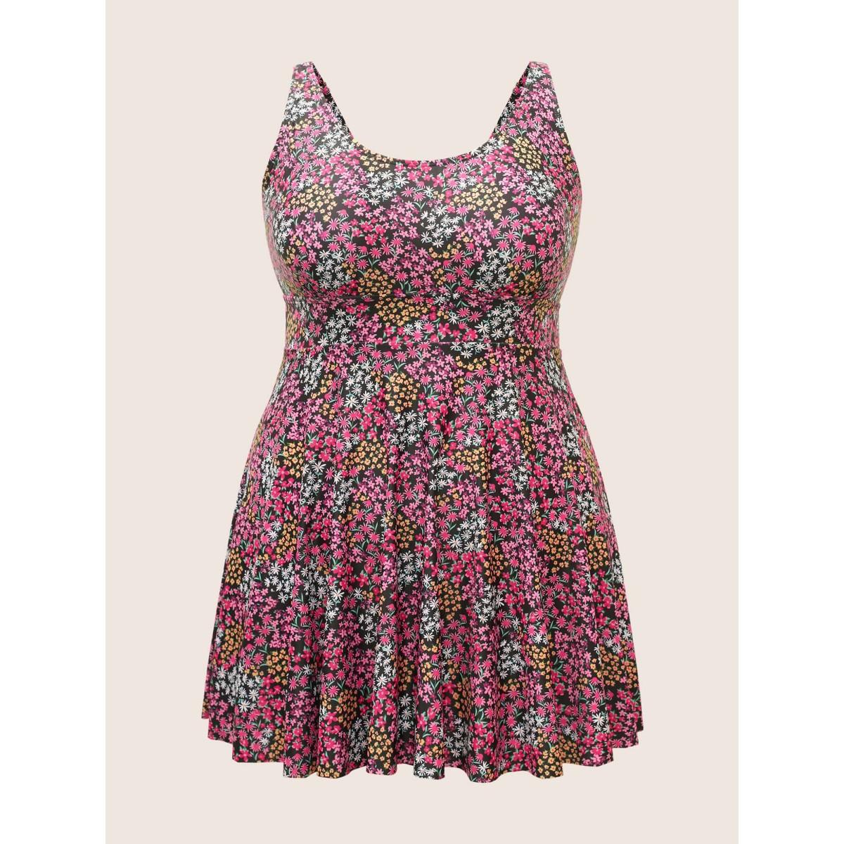 Plus Size Ditsy Floral U Neck High Rise Swim Dress Women's Swimwear Multicolor Beach Bodycon U-neck High stretch Curve Swim Dresses BloomChic 22-24/3X Product Image