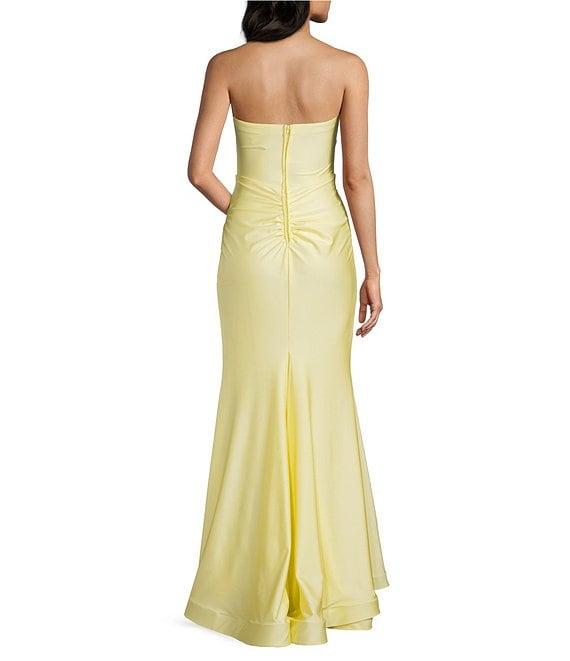 B. Darlin Shiny Knit Strapless Sweetheart Neck Pleated Front Slit Dress Product Image