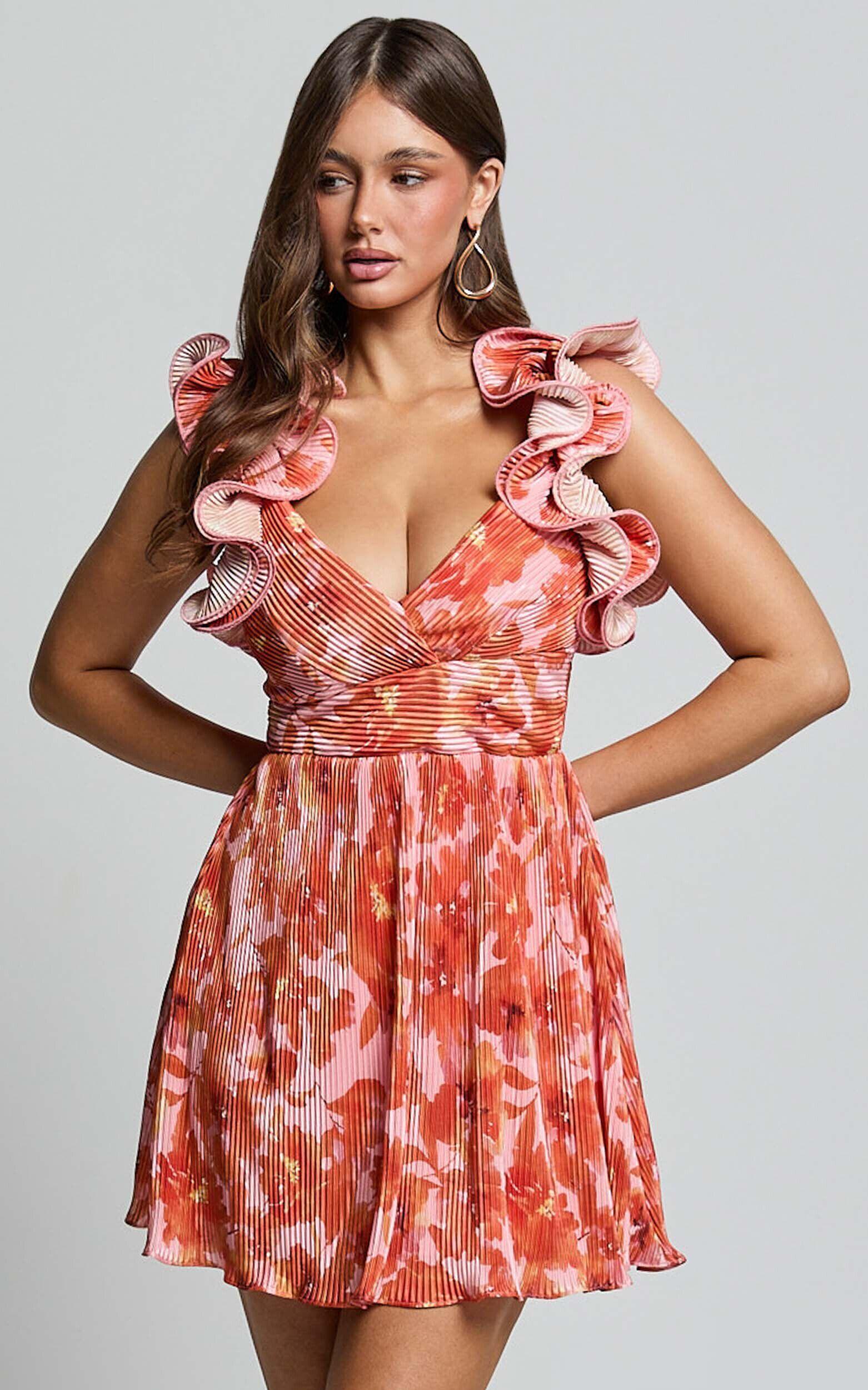 Carol Mini Dress - Pleated Fabric With Ruffle Trims Dress in Orange Floral Print Product Image