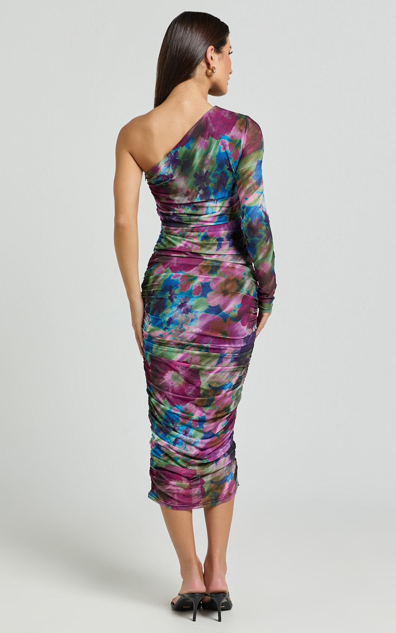 Pepper Midi Dress - One Shoulder Ruched Mesh Dress in Ethereal Iris Print Product Image