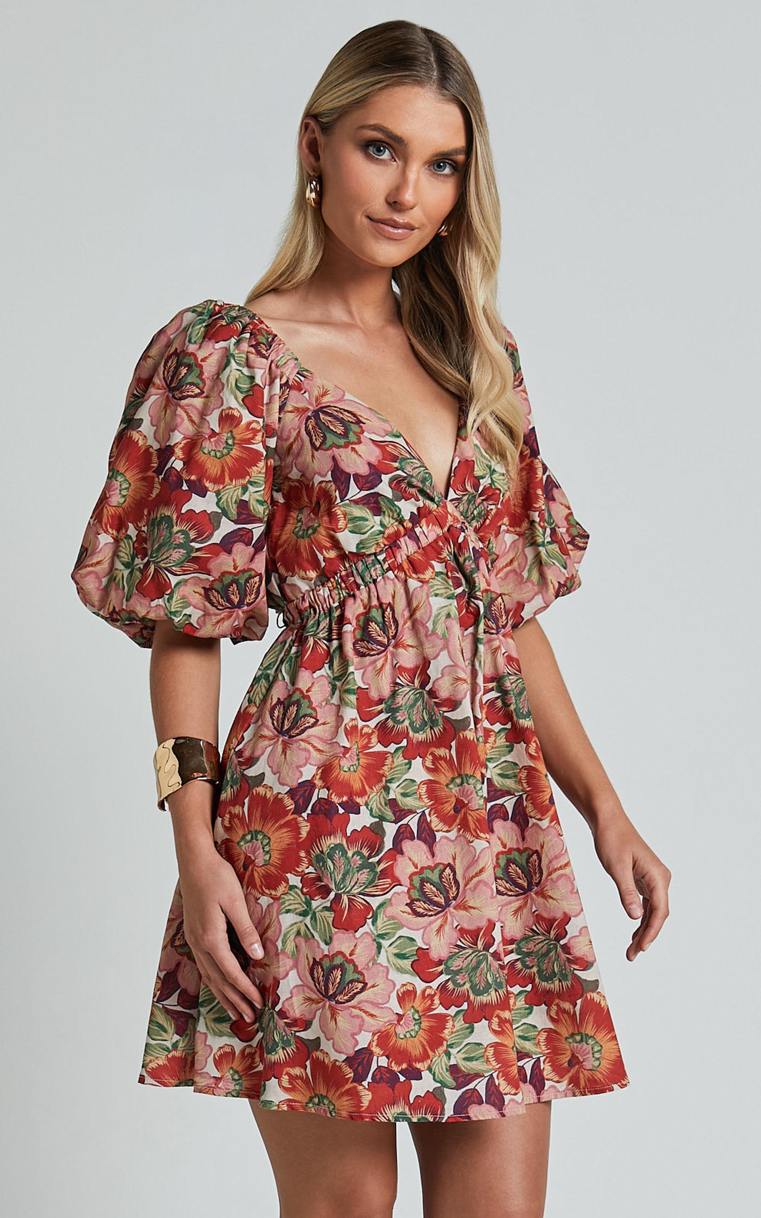 Amalie The Label - Loleta Linen Blend Short Balloon Sleeve Low Back Mini Dress in Musee Print Product Image