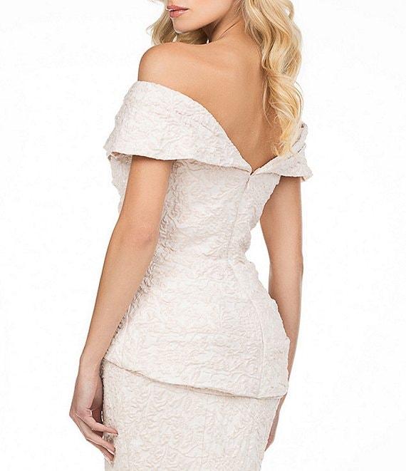 Terani Couture Off-the-Shoulder Short Sleeve Brocade Embellished Belt Mermaid Gown Product Image