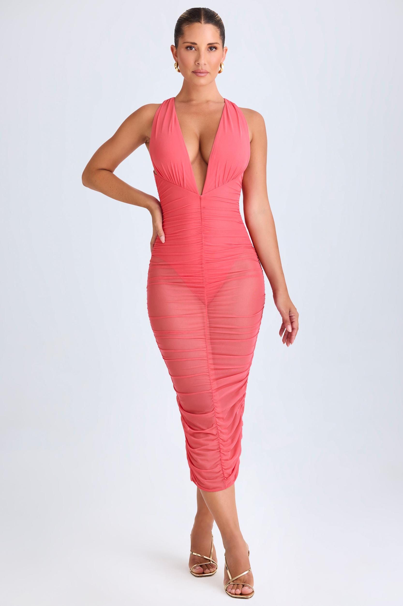 Ruched Plunge Midaxi Dress in Coral Female Product Image