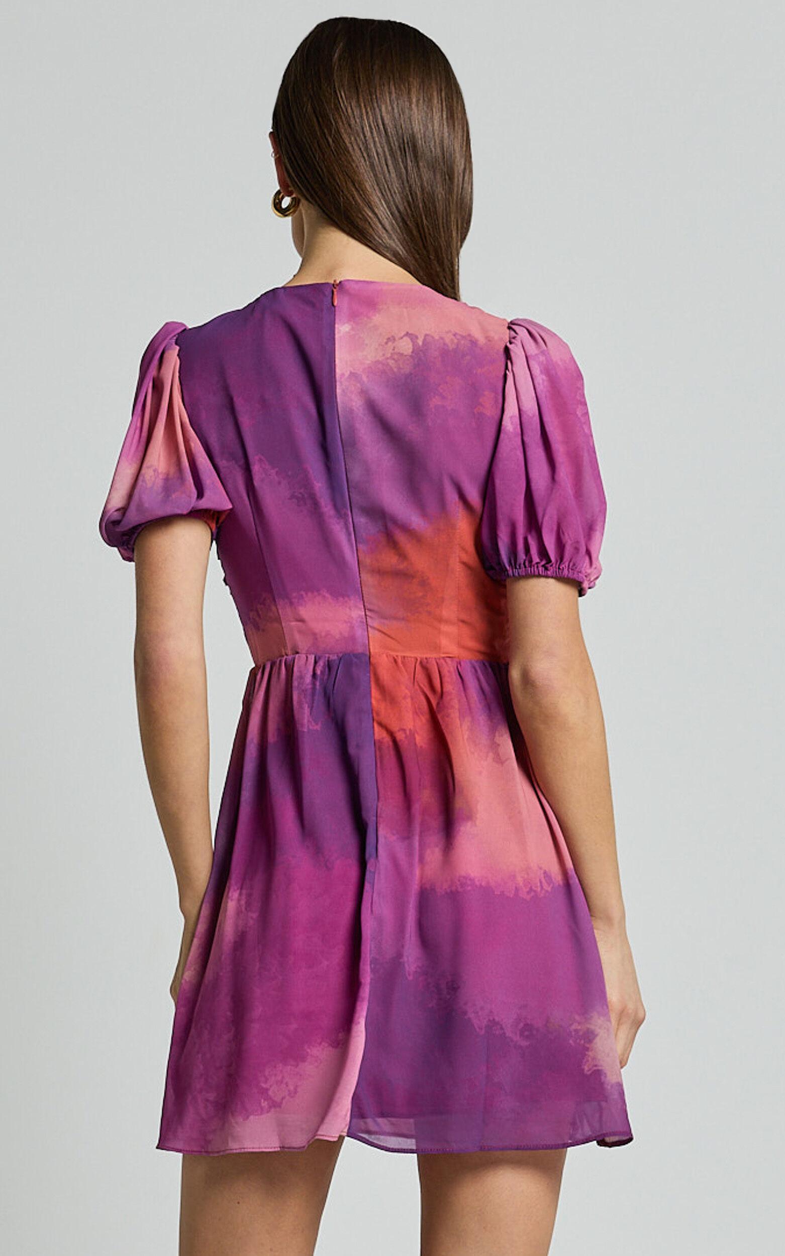 Kennedy Mini Dress - Recycled Polyester V Neck Puff Sleeve Dress in Coral Mirage Print Product Image