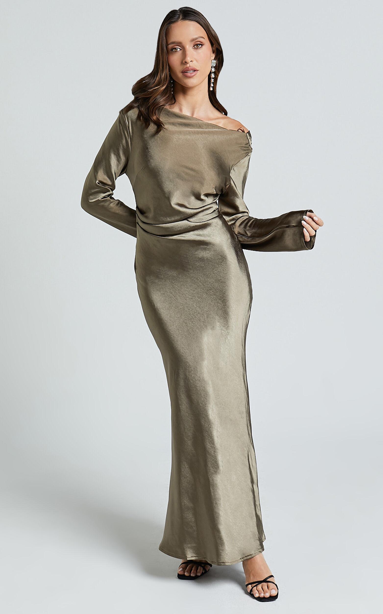 Arriana Midi Dress - Long Sleeve Cowl Back Satin Dress in Dark Olive Product Image