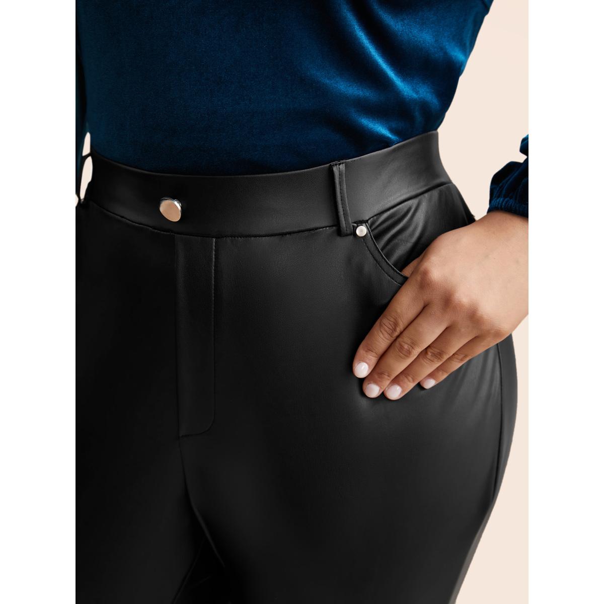 Plus Size PU Leather Button Detail Mid Rise Pants Women Black Casual Skinny Mid Rise Everyday Pants BloomChic 14-16/1X Product Image