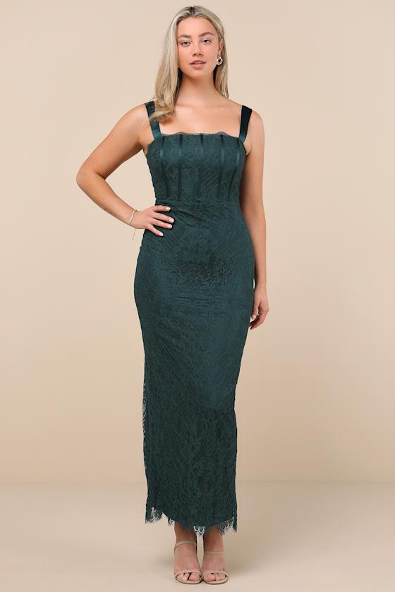 Classy Flirtation Emerald Green Lace Bustier Maxi Dress Product Image