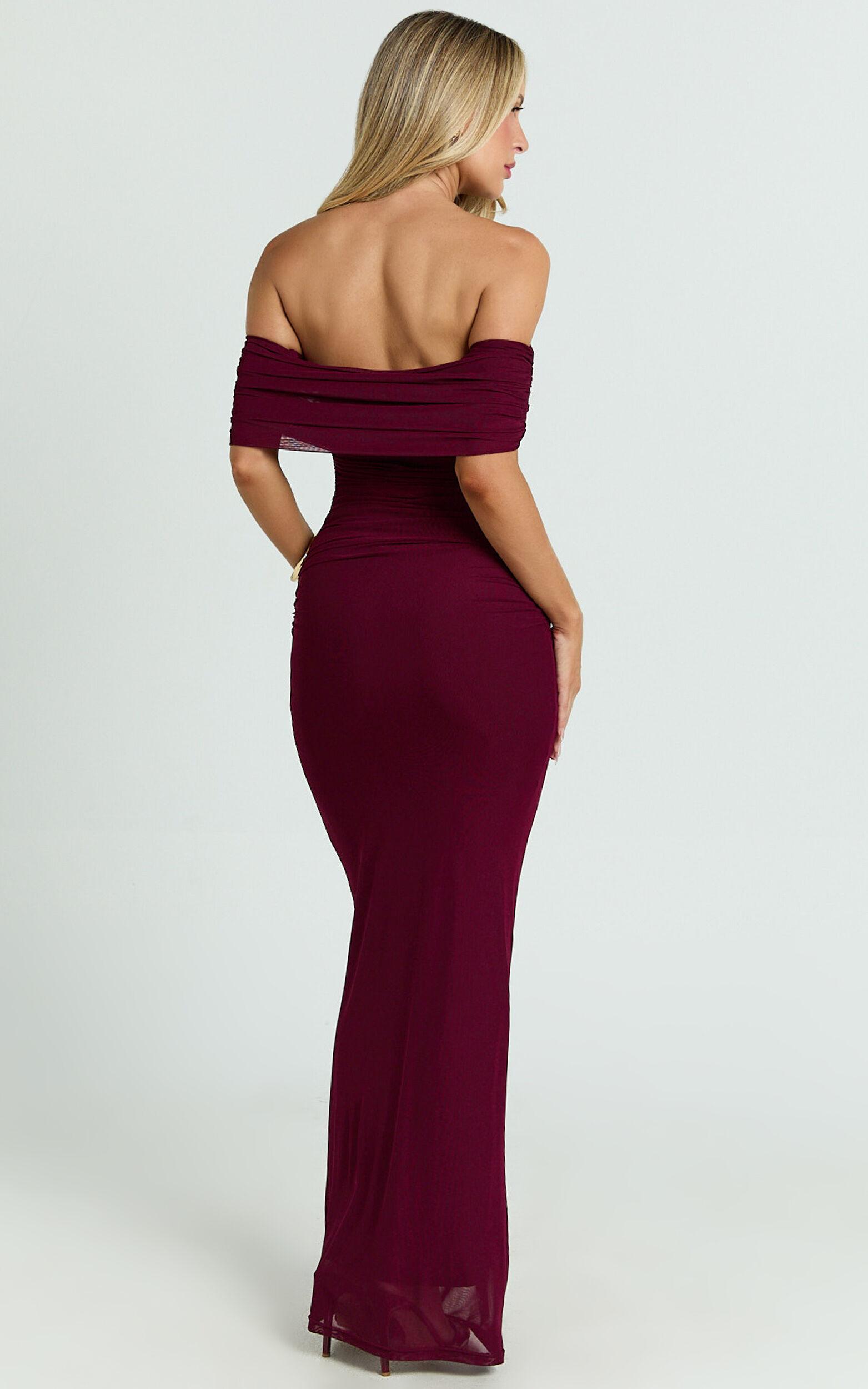 Caterina Maxi - Ruched Off Shoulder Mesh Dress in Wine Product Image