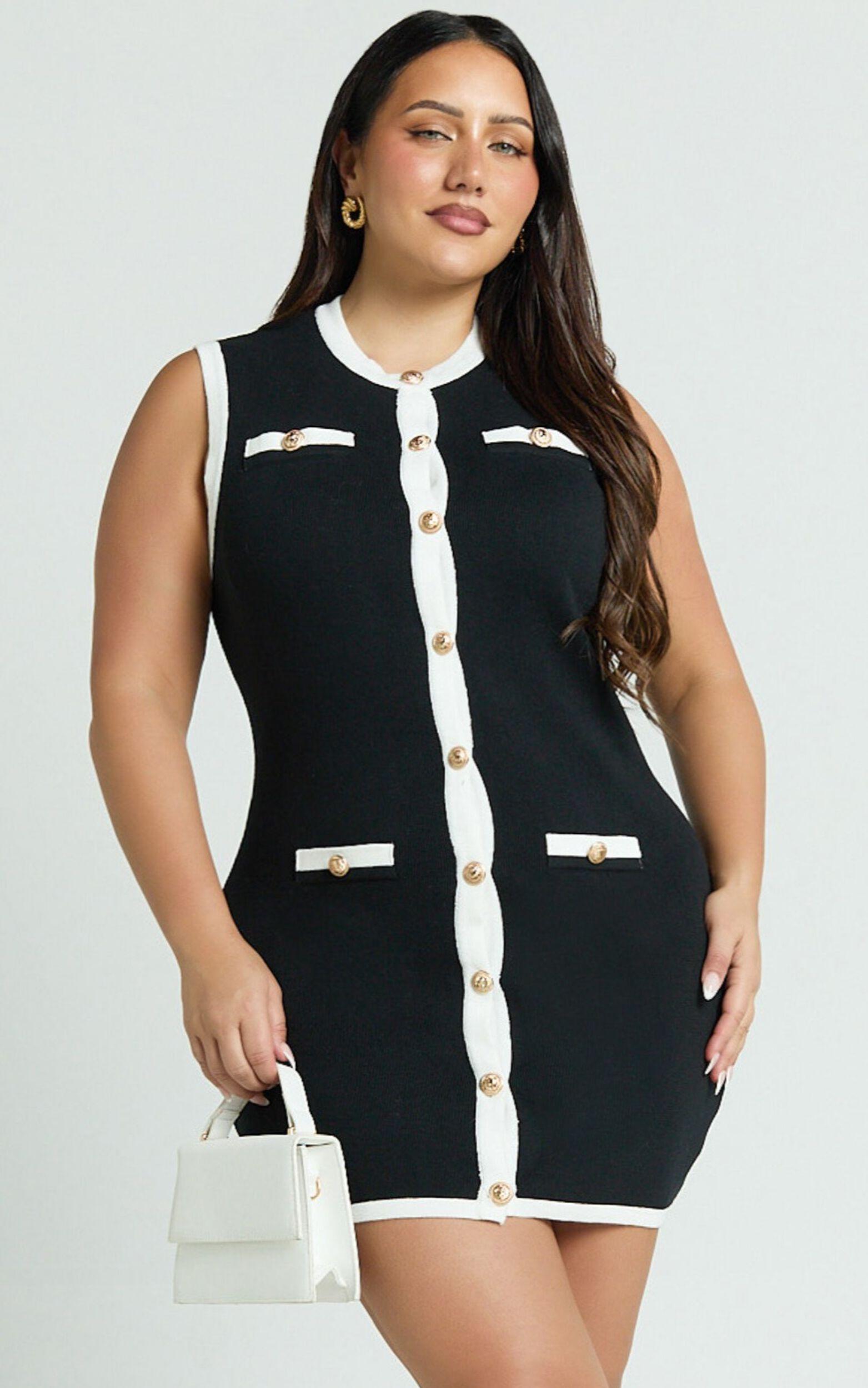 Branson Mini Dress - Sleeveless Button Down Knitted Dress in Black Product Image