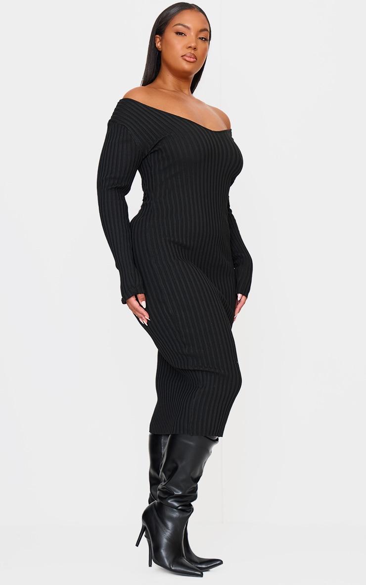 Plus Black Off Shoulder Rib Knitted Midaxi Dress Product Image