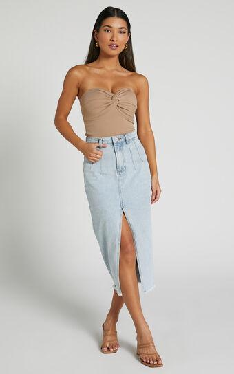 Janeve Midi Skirt - Front Split Denim Skirt in MID WASH Product Image
